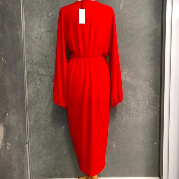 SHEIKE Majorca Red Plunge Tie Front Long Sleeve Midi Dress NWT - Picture 3 of 8